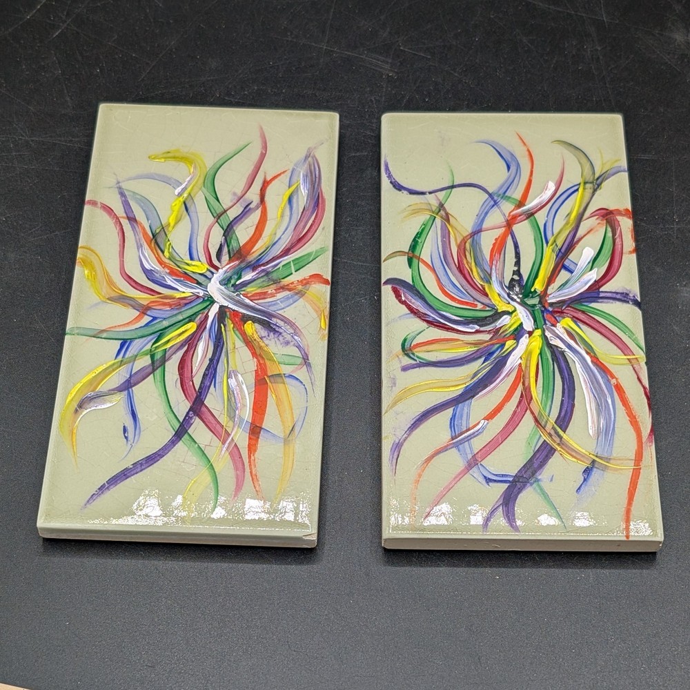 Art Tiles Abstract Pair 3"x6” Ceramic Decorative Colorful Unsigned