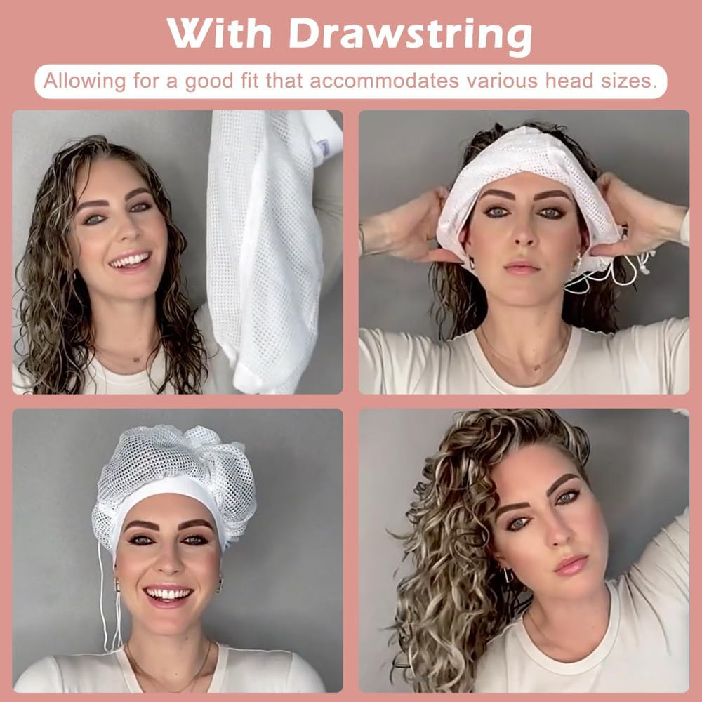 EMVANV Adjustable Net Plopping Cap for Quick Drying Curly Hair (White)