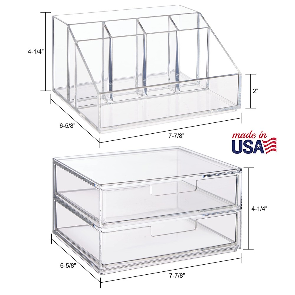 Chloe Stackable Makeup Holder & Drawer Organizer Set, Clear, BPA-Free Plastic...