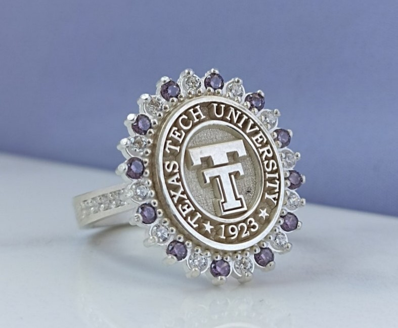 Texas Tech University Class Ring 1923 Silver with Purple & White Stones