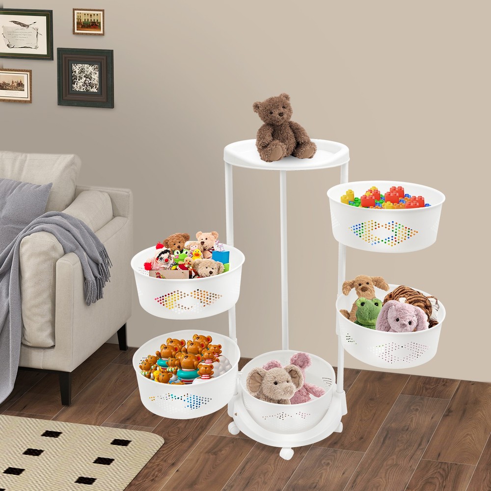 5-Tier Rotating Storage Shelf Kitchen Fruit Storage Basket Rack w/ Wheel