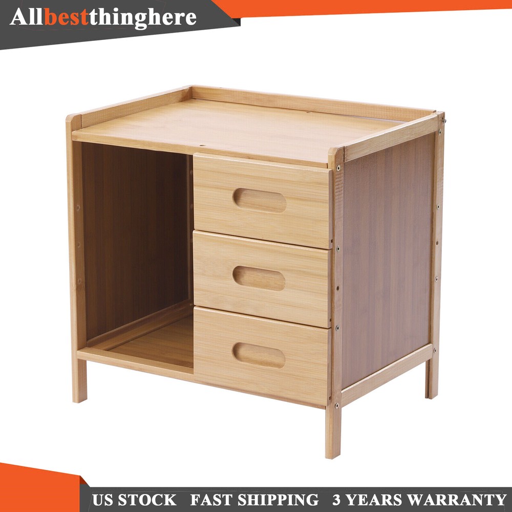 Nightstand Bedside End Table Bedroom Side Bamboo Storage w/ Pull-out Drawer US