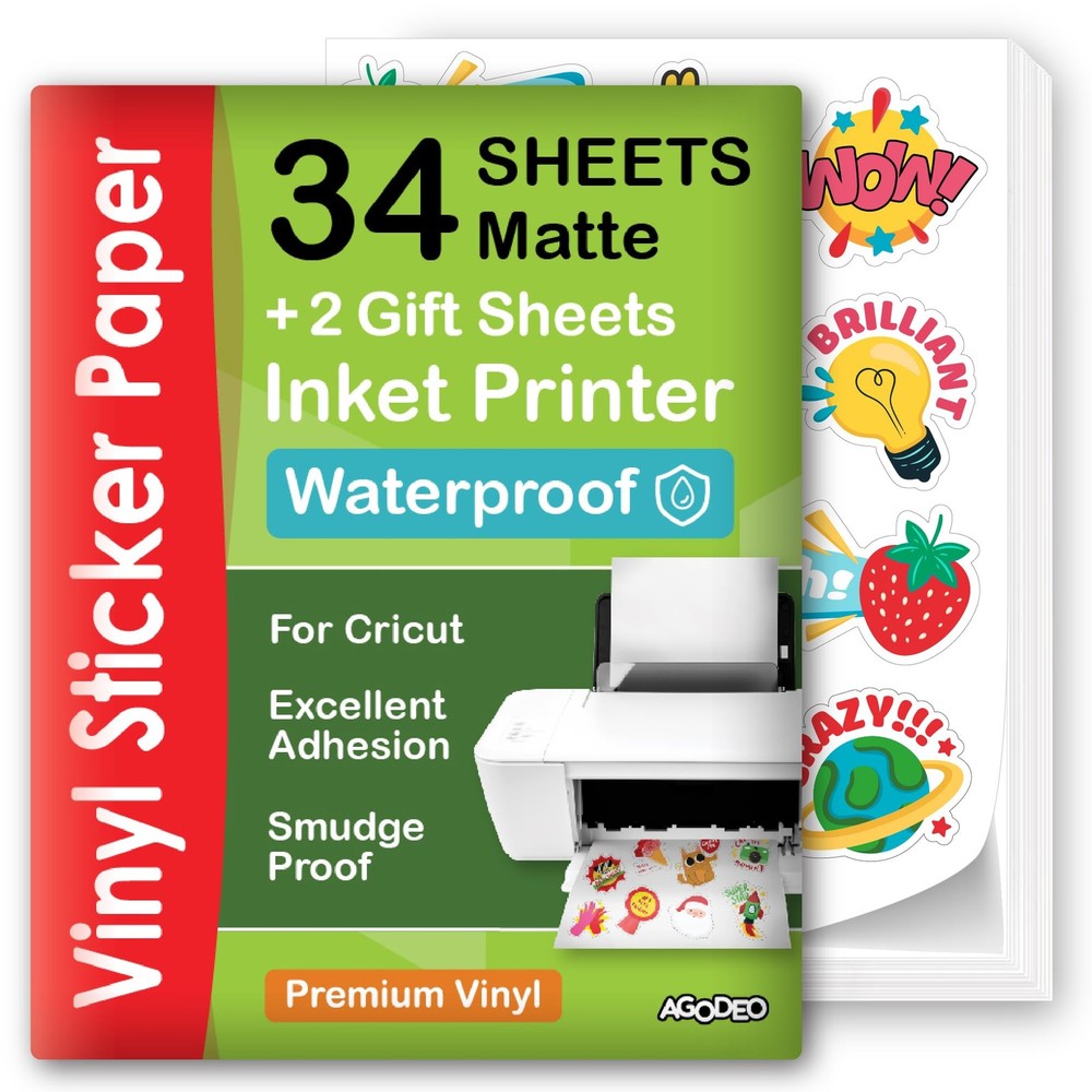 Premium Printable Vinyl Sticker Paper for Inkjet Printer - 34 Sheets Self-Adh...