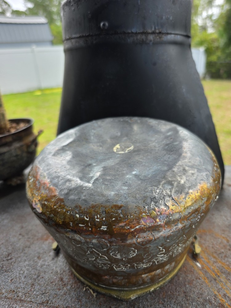 VTG Brass Copper Pot Cauldron Bucket Primitive Etched Handle Rustic 6"