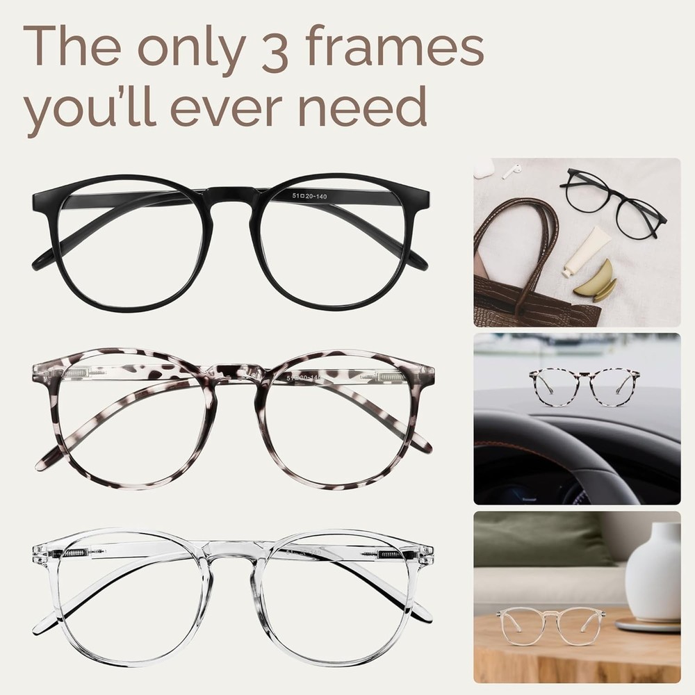 IBOANN Chic Blue Light Blocking Glasses Women 3-Pack Round Frames Screen-Ready