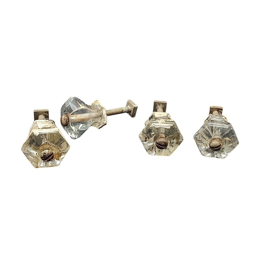 Vintage Hexagonal Glass Drawer Knobs With Hardware Set Of 4