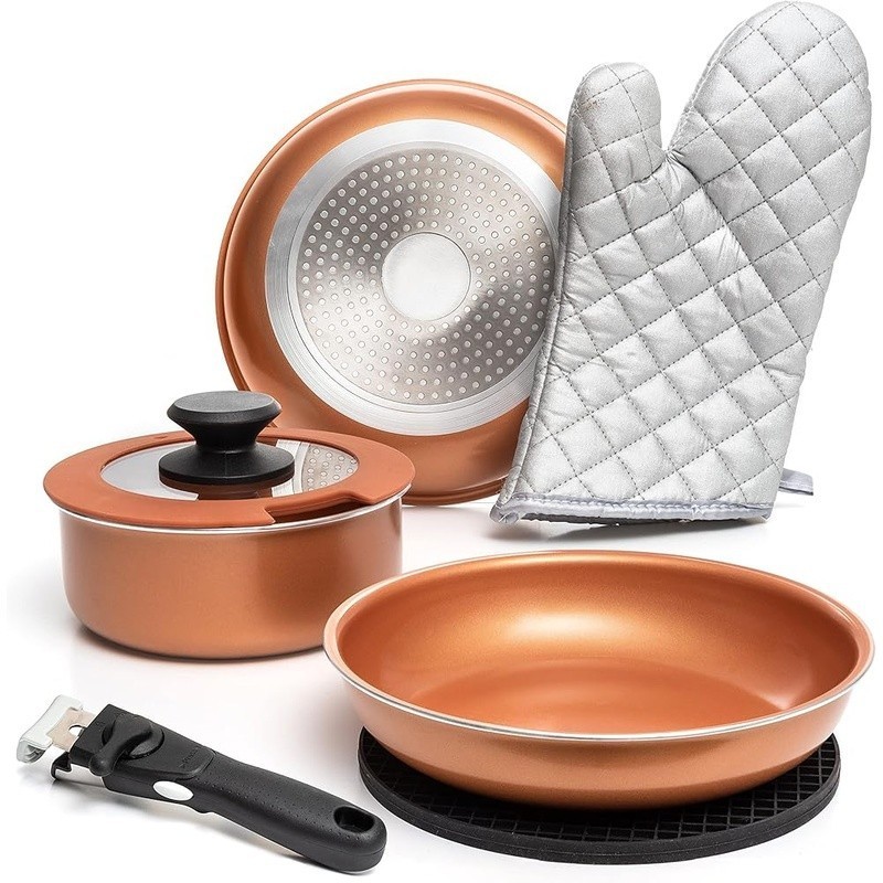 Nonstick Copper Pots & Pans Set Removable Handle Stackable Cookware 7 Pcs New