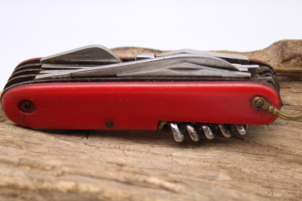 INTERPUR 2 BLADE 8 TOOLS RED PLASTIC HANDLE POCKET KNIFE 3.5" CLOSED (KB4)