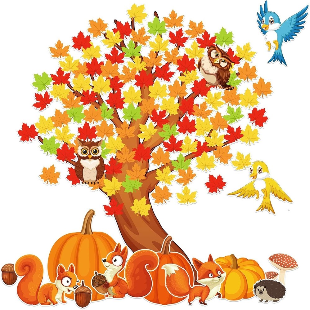 155 Pcs Fall Bulletin Board Set Autumn Classroom Tree & Maple Leaf Cutouts