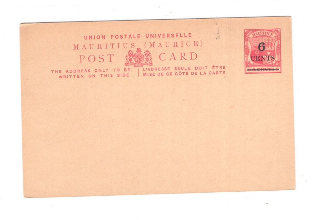 Mauritius  overprinte  postal card  6  cents  unused