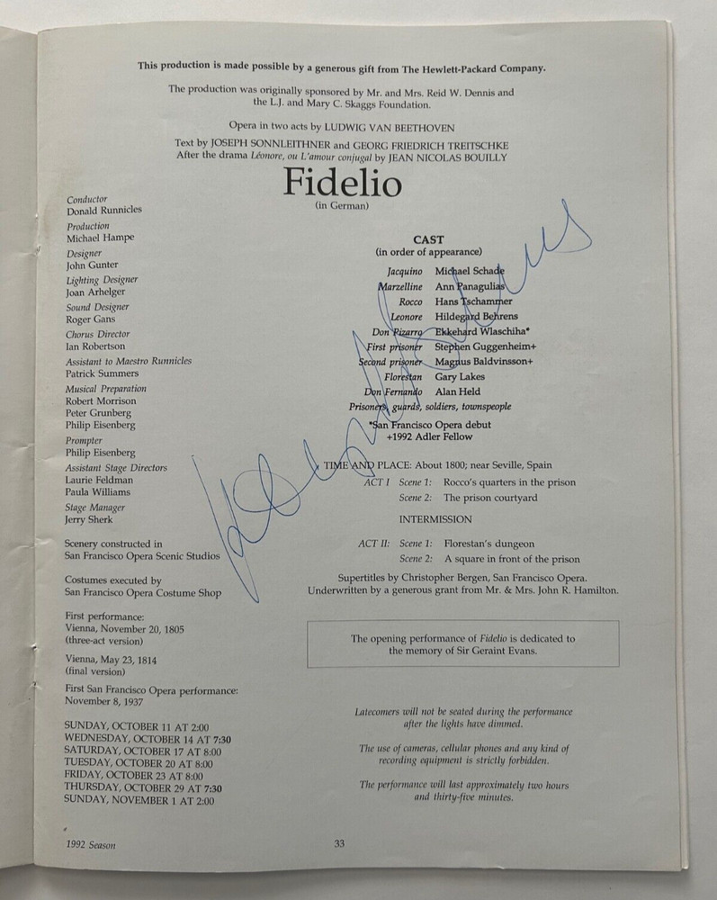 Hildegard Behrens Signed 1992 San Francisco Opera Program