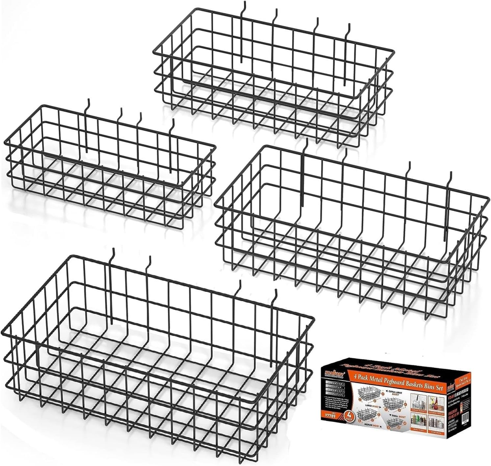 Peg Board Bins and Baskets | 4 Pack | Square Style 4 Size Pegboard Baskets and P