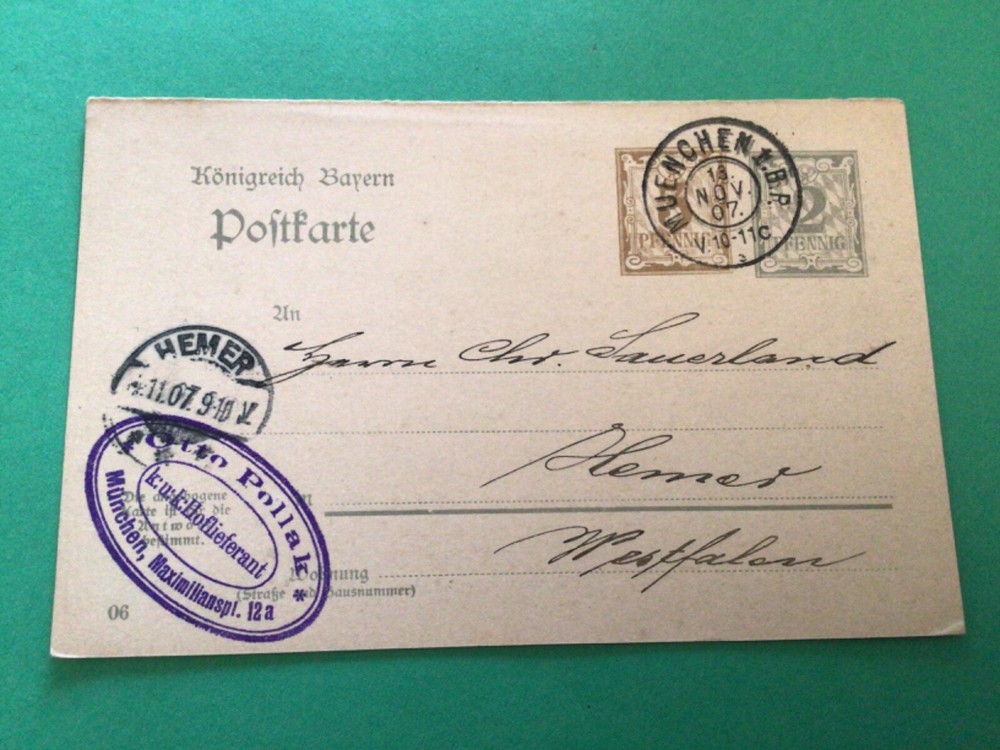 Germany Bavaria 1907 revalued postal postcard A17836