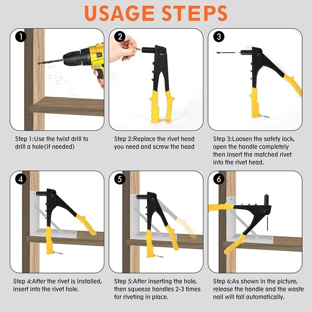 Assorted Rivets 4 Nozzle Head Sizes Hand Pop Rivet Gun Tool Kit 380 Heavy Duty [