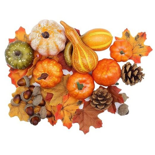 50pcs Fall Pumpkins Decor Set, Mini Artificial Gourd Fall Leaves style 1