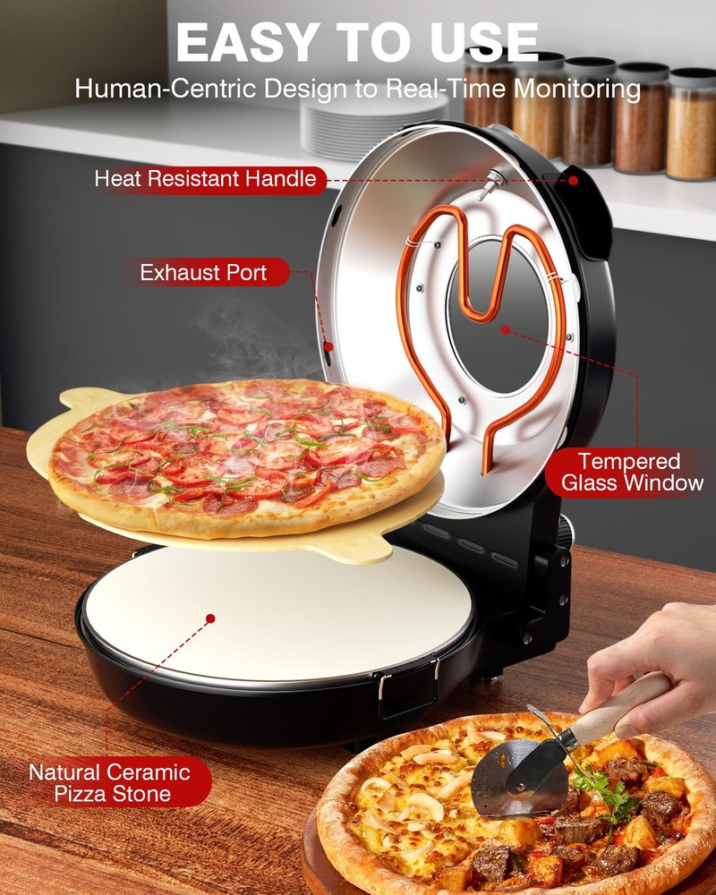 PYY 12" Electric Pizza Oven, 800℉ Max, Built-in Stone, Crispy Crust