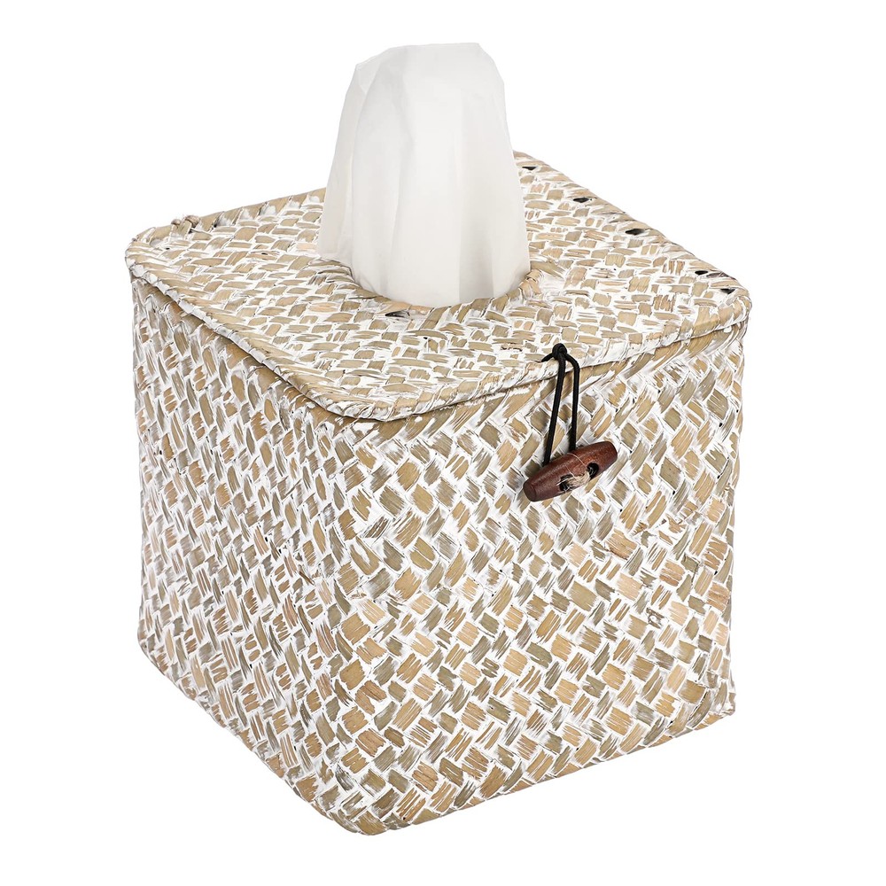 Tissue Cover Square Seagrass Tissue with Lid, Woven Tissue Holder Rustic Cube...