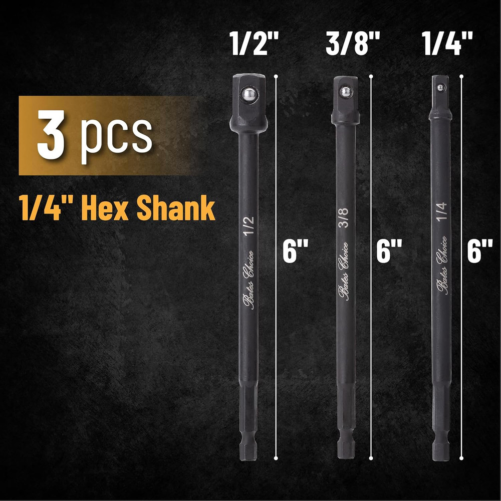 3Pcs Impact Socket Adapter Set 6" Drill Socket Adapter 1/4", 3/8",1/2" Hex Shank