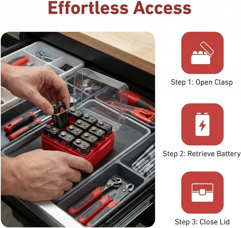 Lightweight Protective Battery Storage Case for 12pcs 9V Batteries - Compact Red