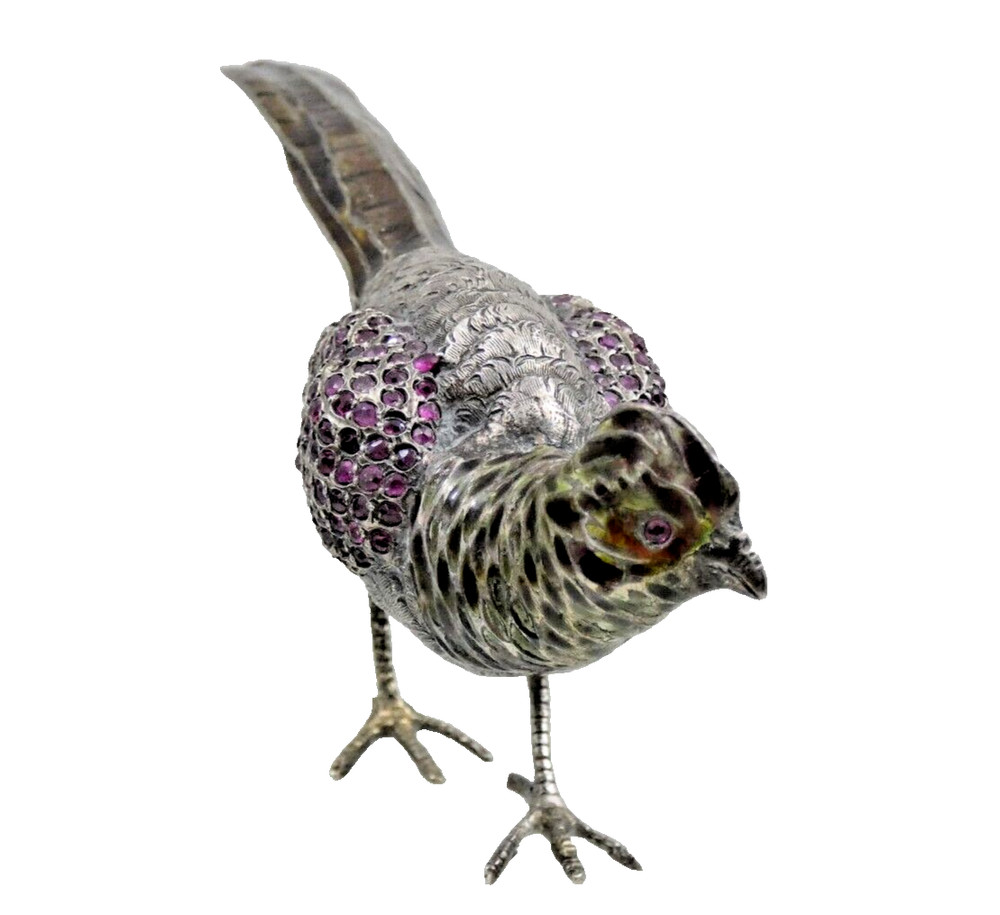ANTIQUE AUSTRIAN Vienna SILVER ENAMEL MINIATURE BIRD PHEASANT gemset real ruby