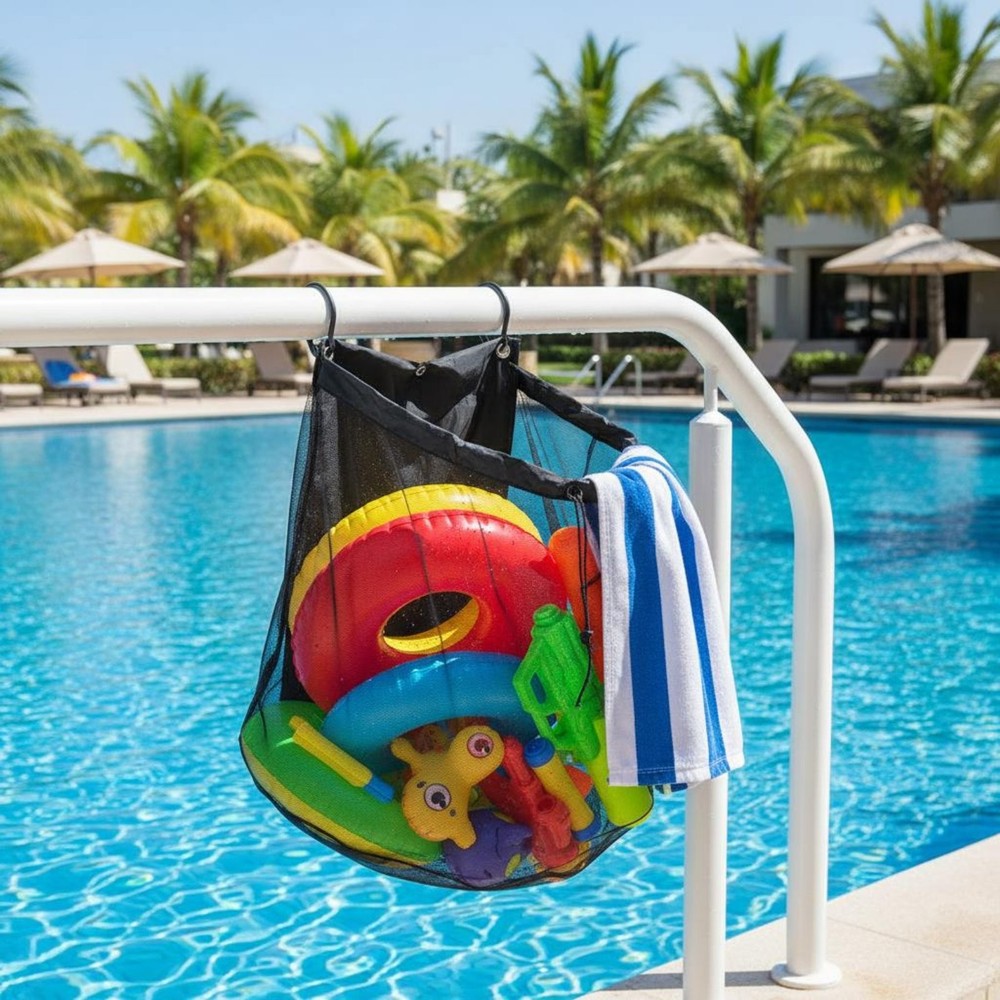 Fence Hanging Pool Organizer Adjustable Straps Poolside Hanging Mesh Bag