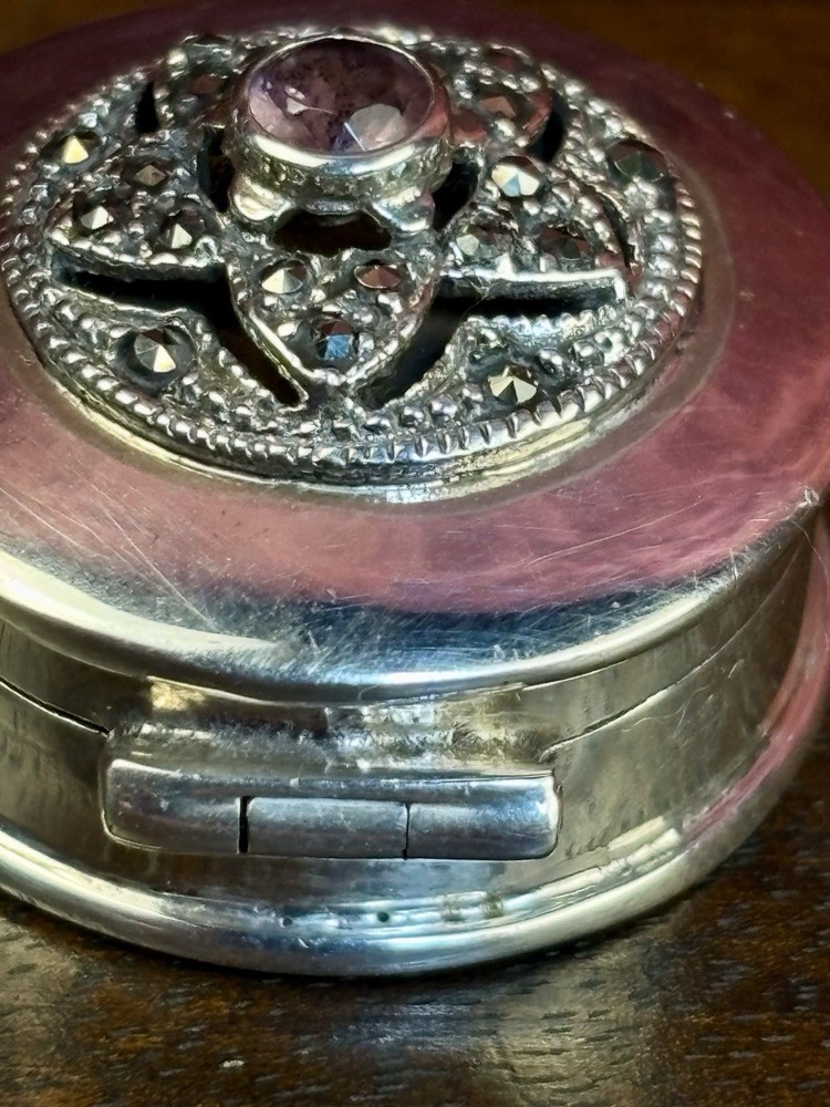 A Pretty London Hallmarked Solid Silver Pill Box Set With Marcasite & Amethyst.