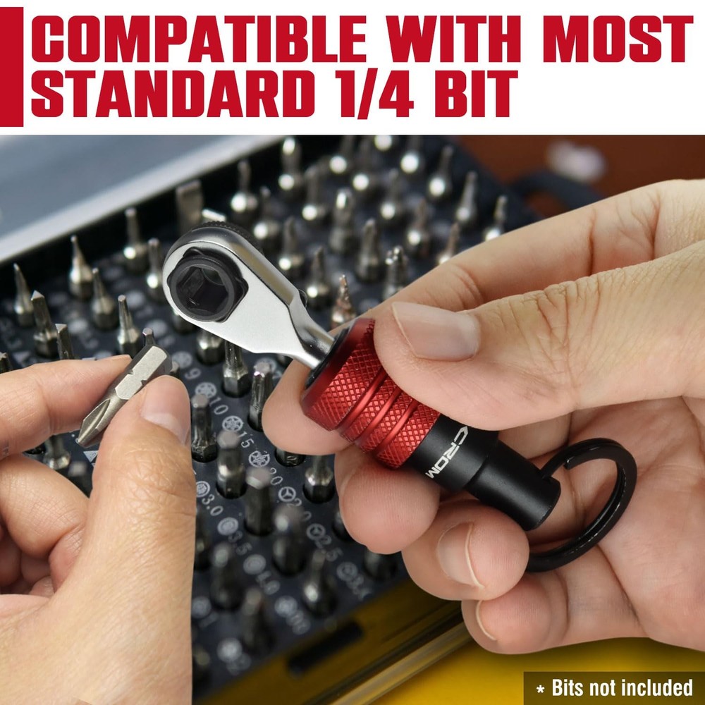 CROM EDC Mini Ratchet Wrench – 1/4-Inch Hex End Multitool Accessory with Red