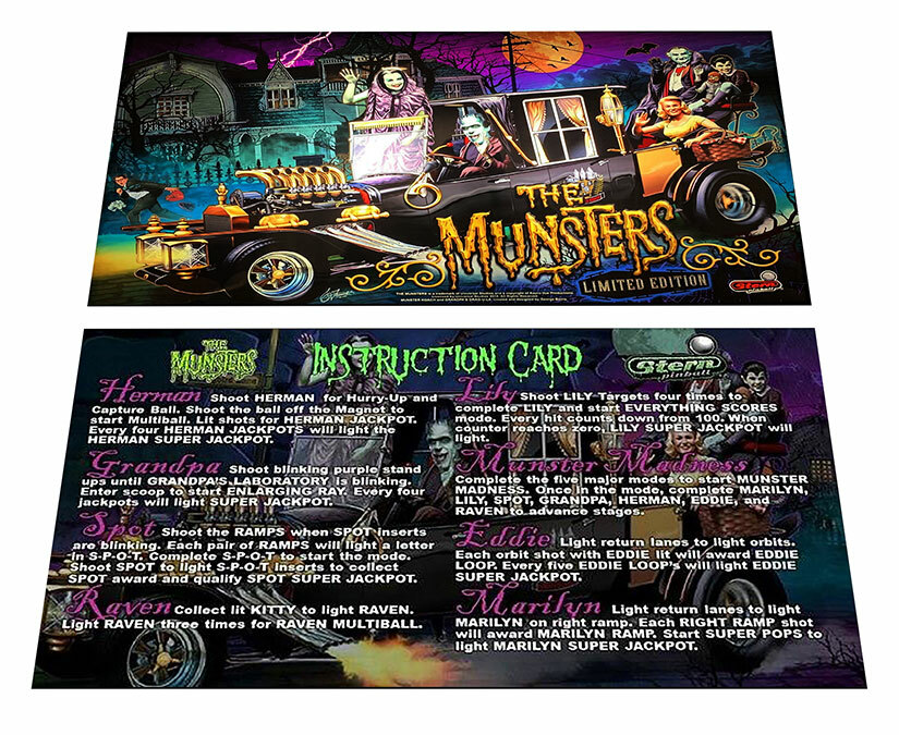 Stern Munsters LE Pinball Custom Apron Instruction Cards