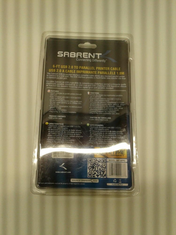 Sabrent 6ft usb 2.0 parallel printer cable IN-BOX NEW