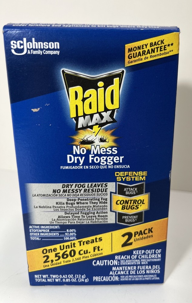 (1) RAID MAX No Mess Dry Fogger Attack/Control/Prevent Bugs 2-PACK 0.84 oz.- NEW