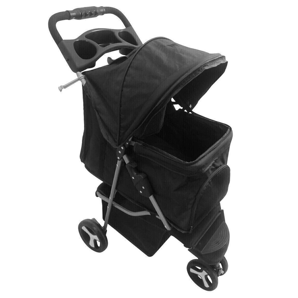 3/4-Wheels Folding Pet Stroller with Cup Holder, Mesh Window Portable Stroller