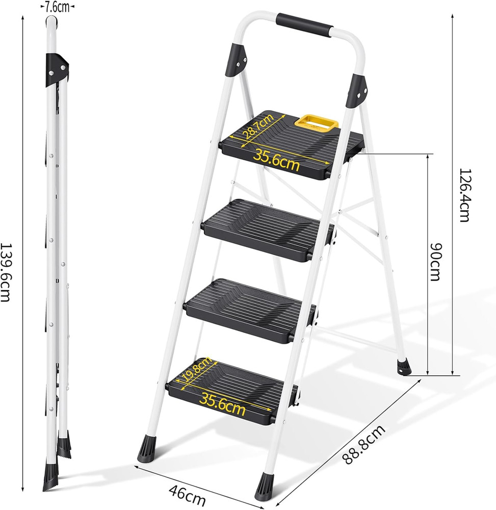 KINGRACK 4 Step Folding Ladder,800lbs Capacity Step Stool with Safety Lock,White