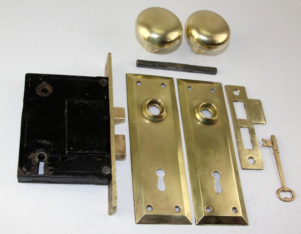 Vintage Industrial Russwin R&E Brass Mortise Lock Set Door Knobs Plates & Key