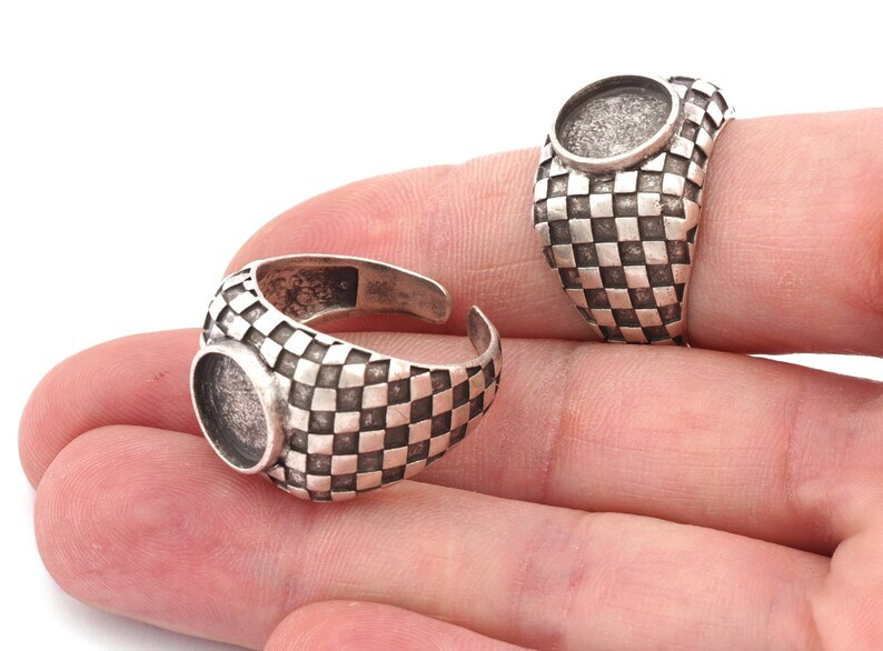 Square Checker Adjustable Ring Round Blank Bezel Setting - Antique Silver 4918