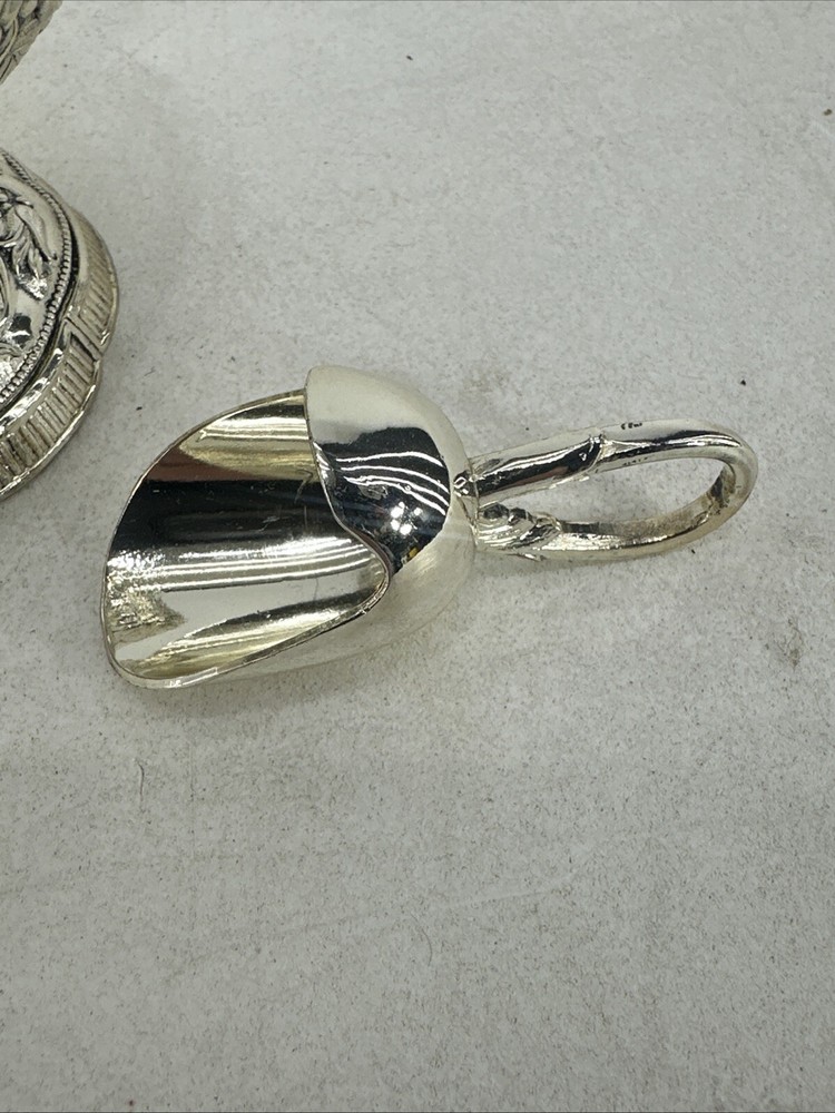 Vintage Silver Plated Sugar Scuttle Bowl Raised Floral Pattern With Spoon