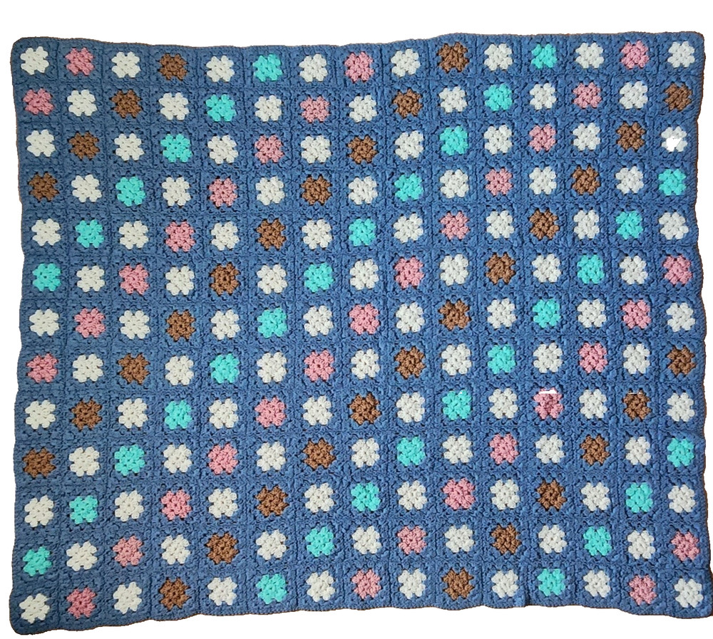 Handmade Granny Square Crochet Blanket 55" x 66” Blue Multicolor Throw