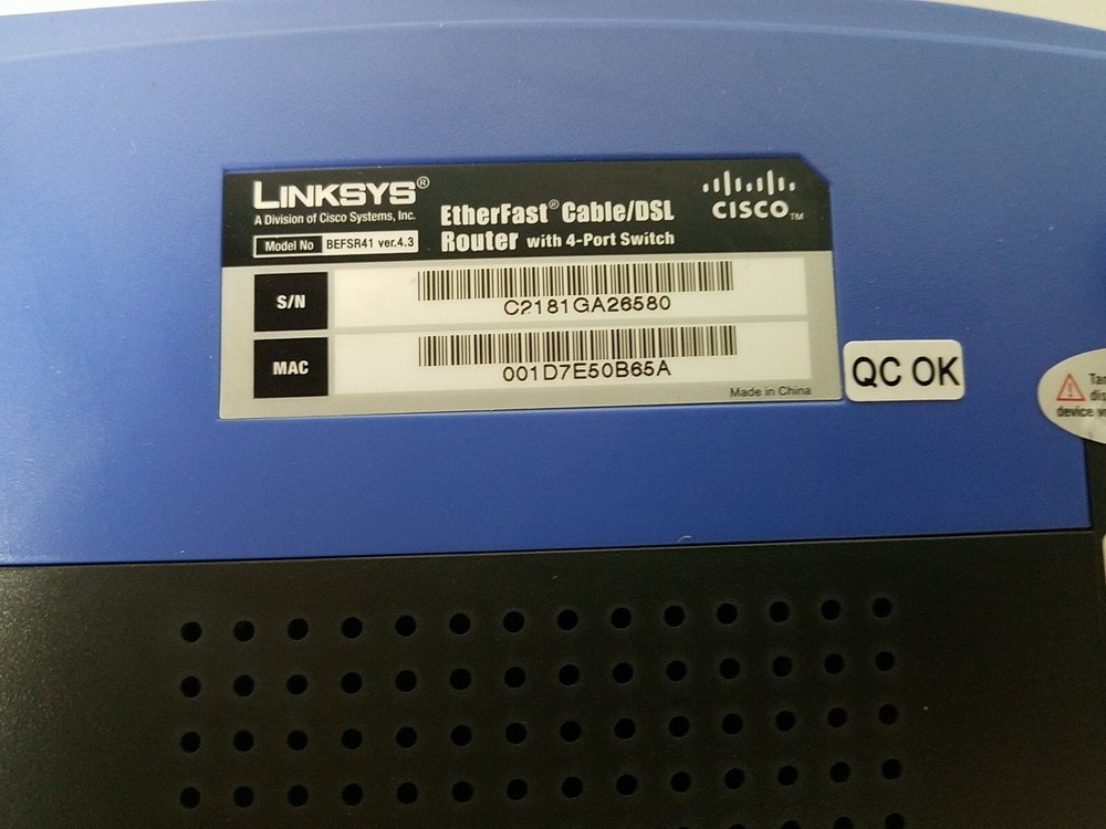 Linksys EtherFast Cable DSL Router 4-Port Switch BEFSR41 ver.4.3