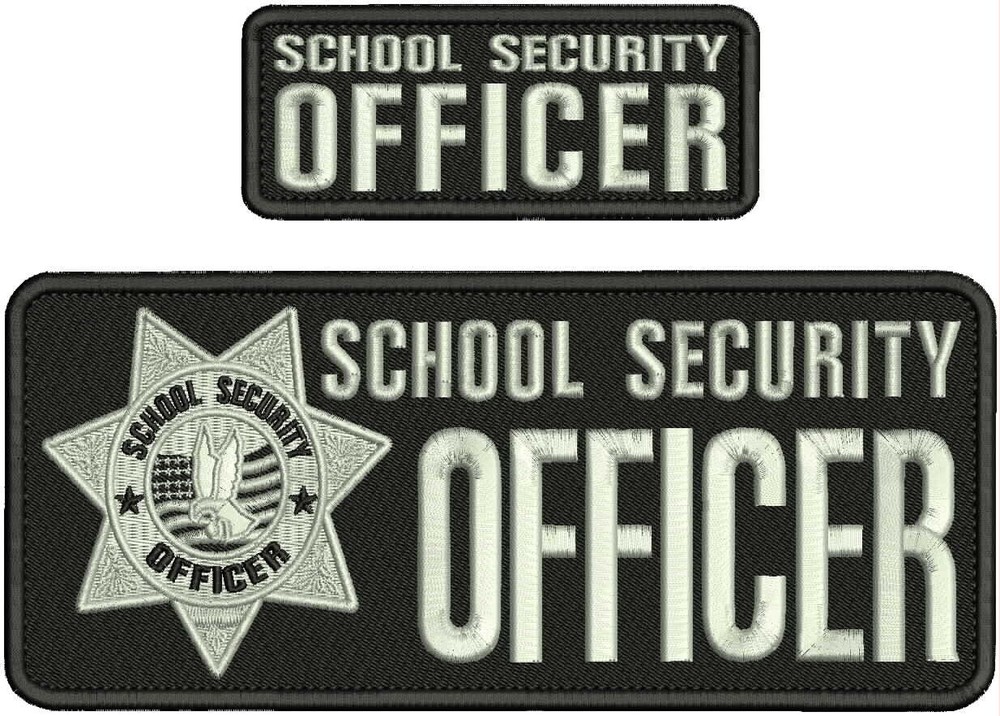 SCHOOL SECURITY OFFICER EMB PATCH 4X10 AND 2X5 HOOK  ON BACK SILVER ON BLACK
