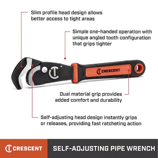 Crescent Pipe Wrench 12 Inch Self Adjusting Plumbing Plumbers Tool Adjustable