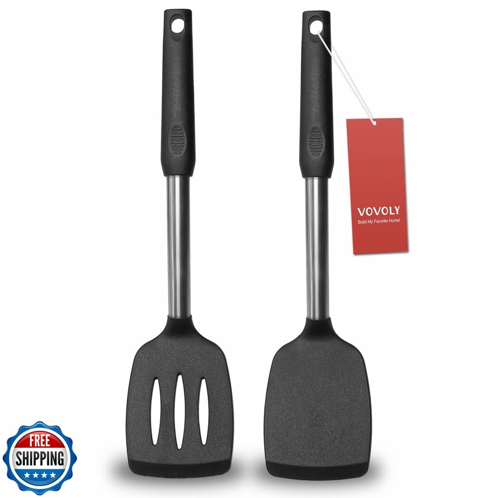 2 Pack Spatulas, Solid and Slotted Silicone Spatula Set, Stainles