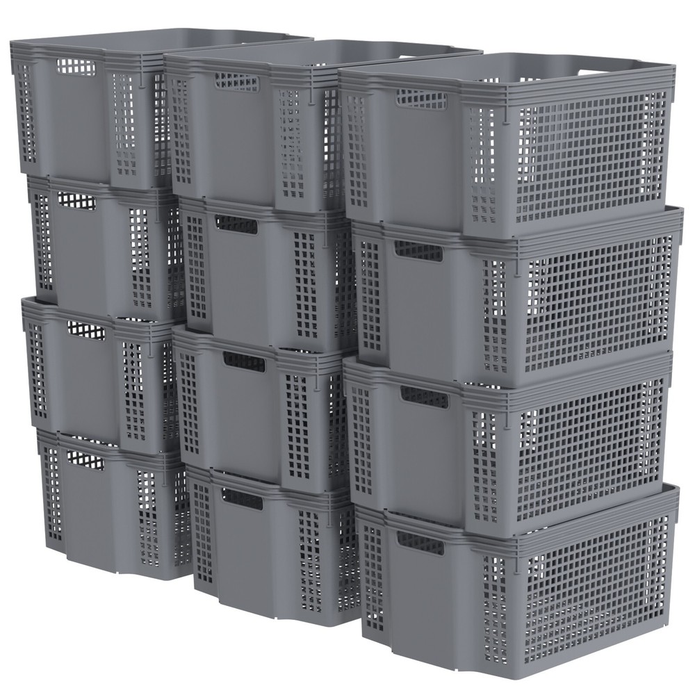 12-Pack Plastic Deep Stacking Baskets, Large Plastic Cupboard Baskets, Grey