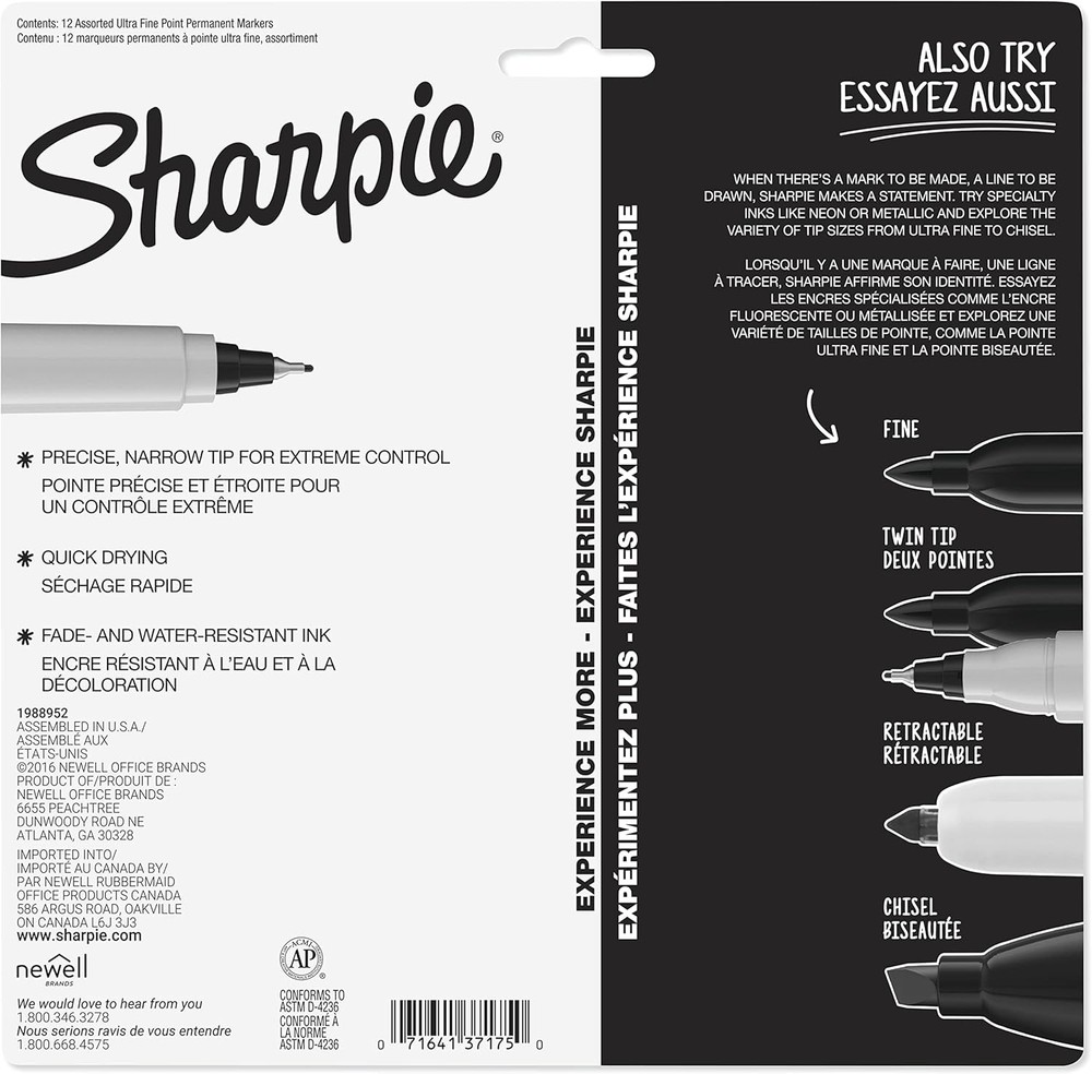 Sharpie Permanent Markers Ultra Fine Point 12 Count (Pack of 1), Assorted