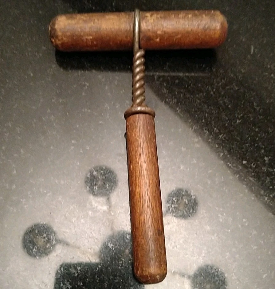 Antique Rustic Primitive Barware Wooden T-Handle Corkscrew Wine Bottle Opener