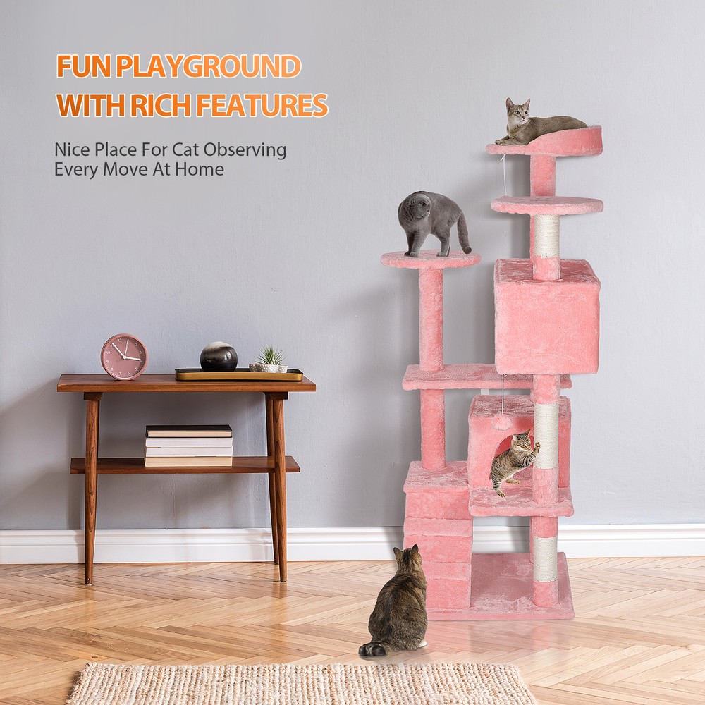 55 Inch Multi-Level Cat Tree Tower Kitten Condo House with Scratching Posts Pink