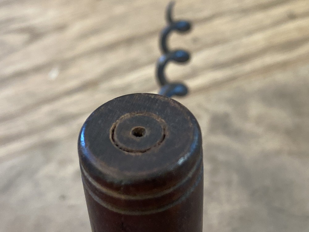 Antique Early Wood Handle Direct Pull Corkscrew Brass Grommet Top Simple