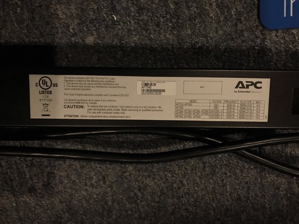 *USED* APC AP7540 Basic U Rack 24-Outlet Power Distribution Unit PDU 20A 208V
