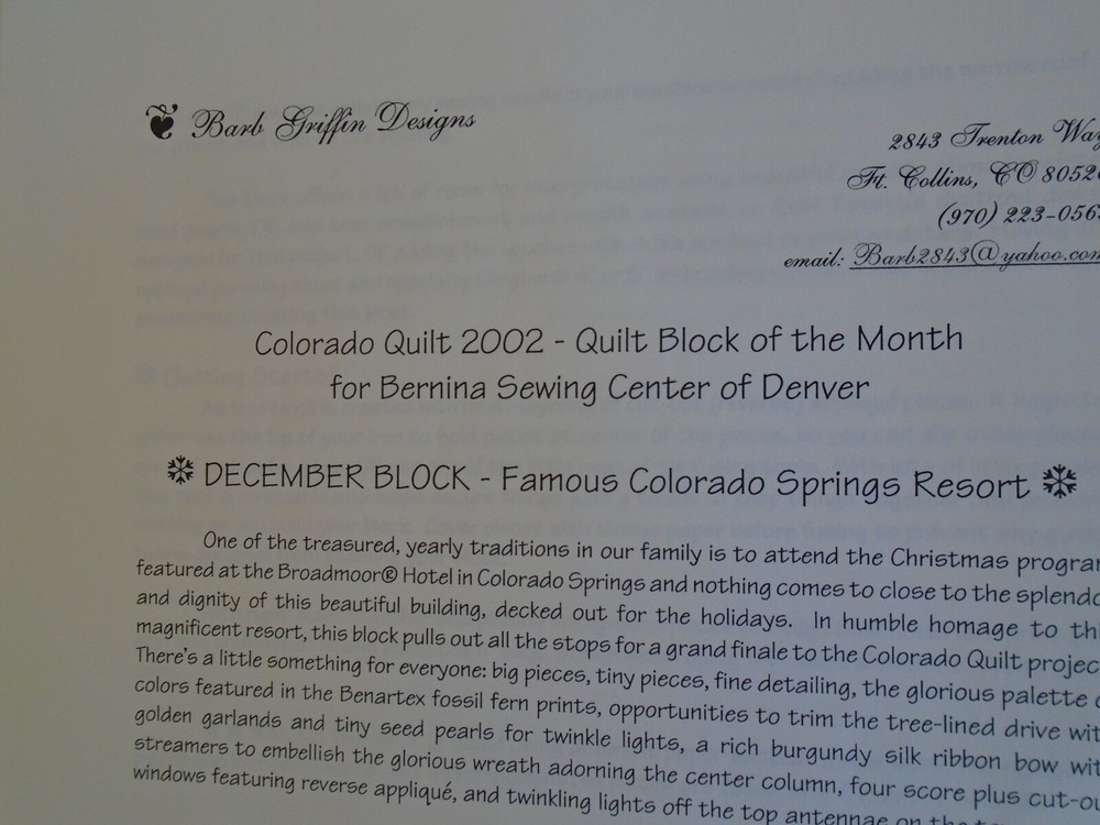 Broadmoor Hotel Colorado Quilt Pattern Bernina 2002