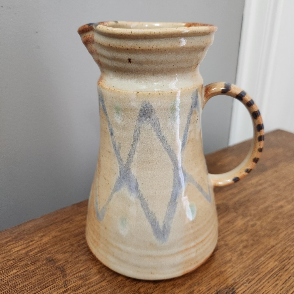 1984 Studio Art Pottery Hand Thrown Pitcher Applied Handle Signed TRIBAL STYLE