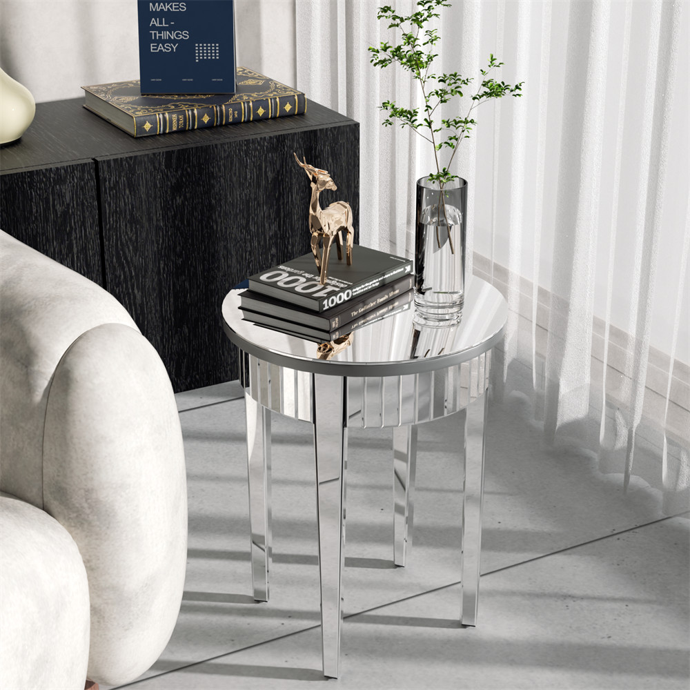 Modern Round Silver Mirrored Side Table Bedside Accent Table Silver-plated Glass