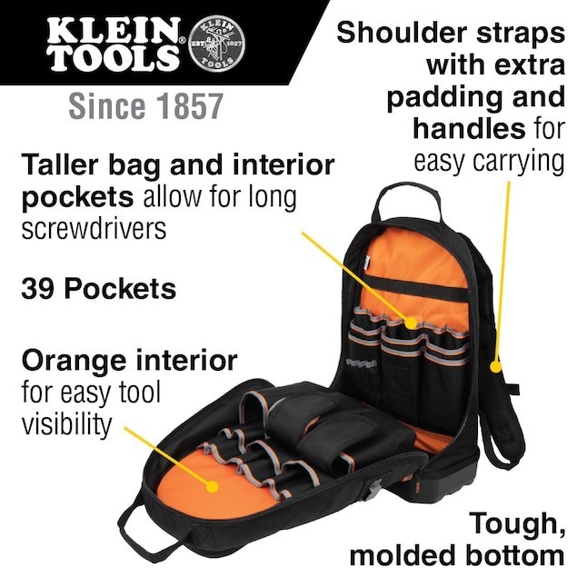 Klein Tools Tradesman Pro Tool Bag Backpack, 39 Pockets, Black, 14-Inch